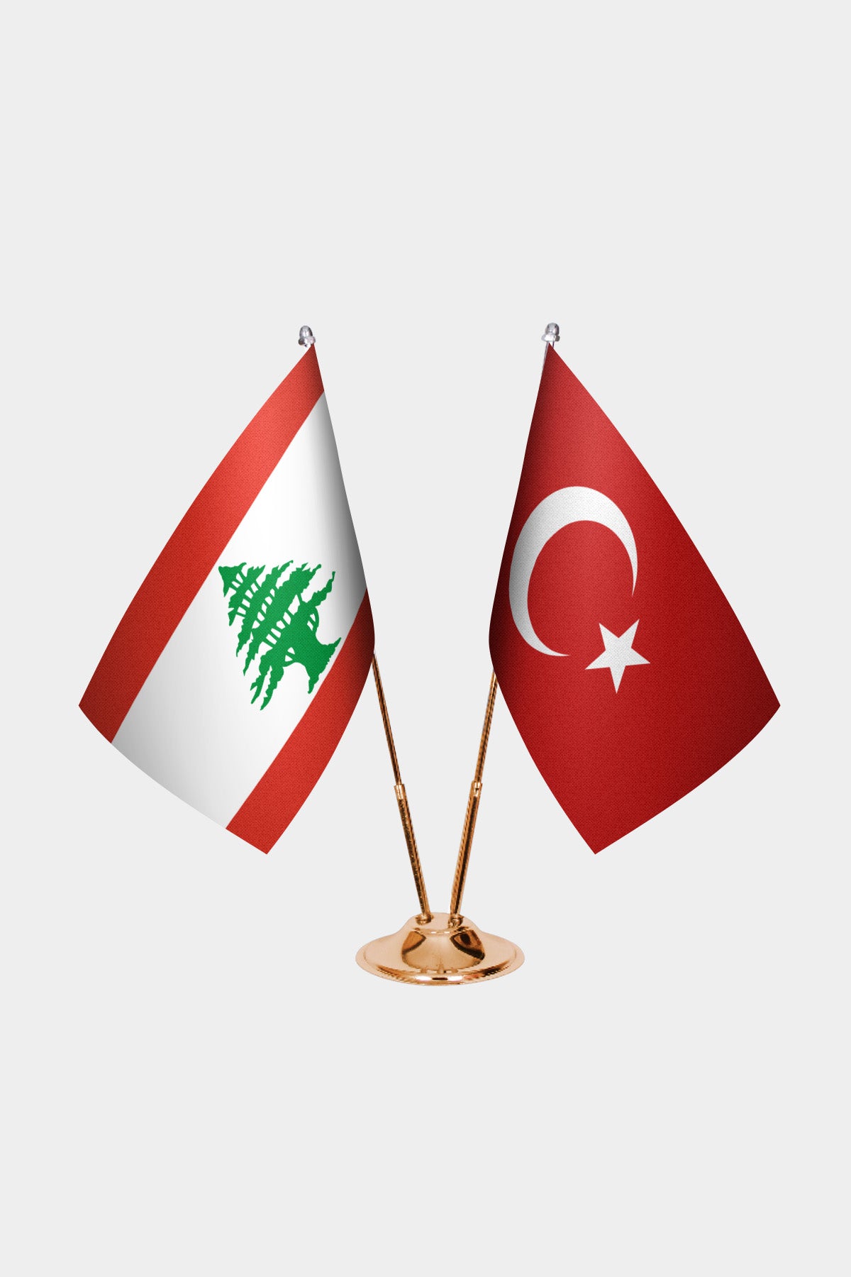 Lebanon and Turkey desk flag set with gold pole and base