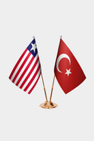Liberia and Turkey desk flag set with gold pole and base