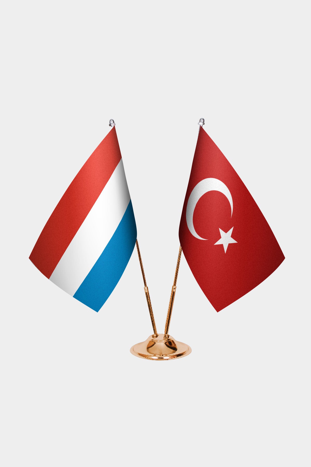 Luxembourg and Turkey desk flag set with gold pole and base