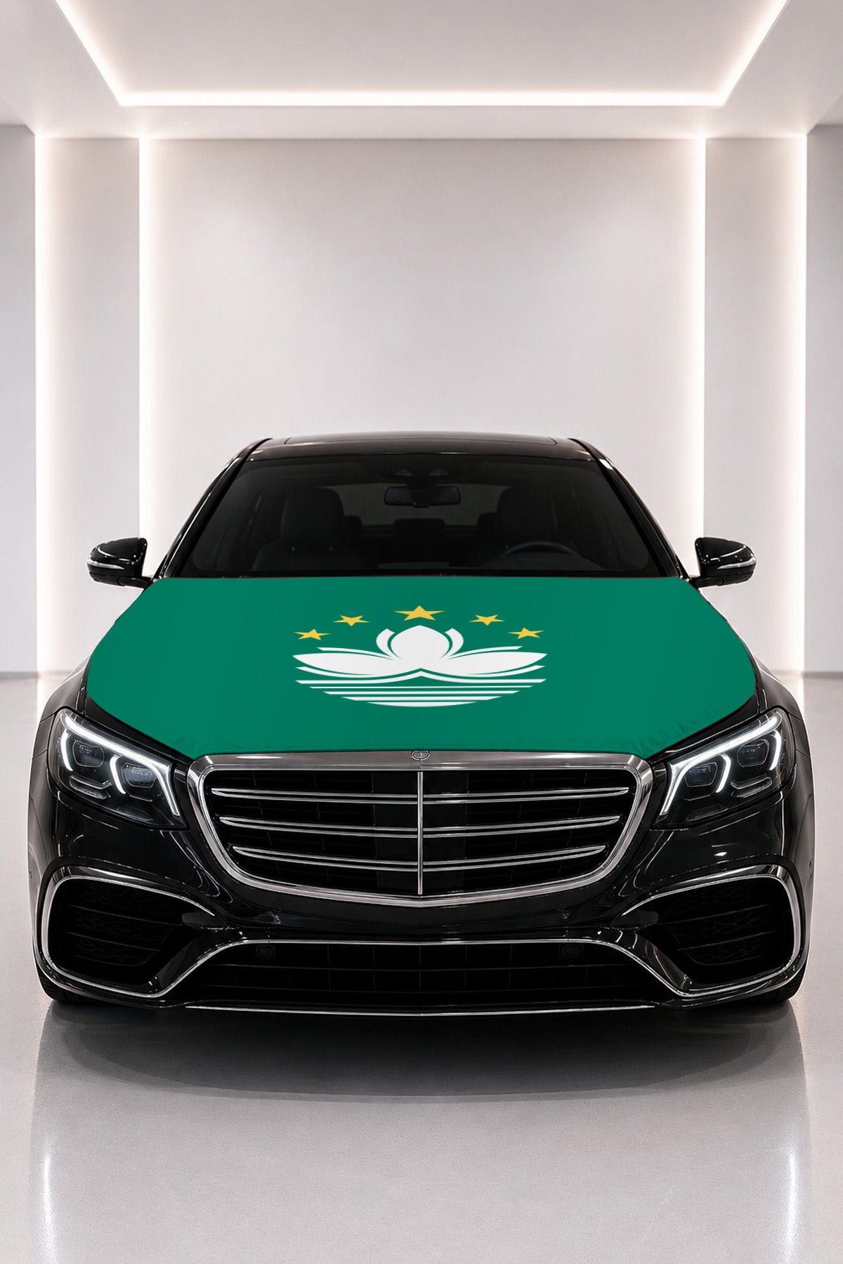 Macau flag car hood cover fitted on a black car bonnet