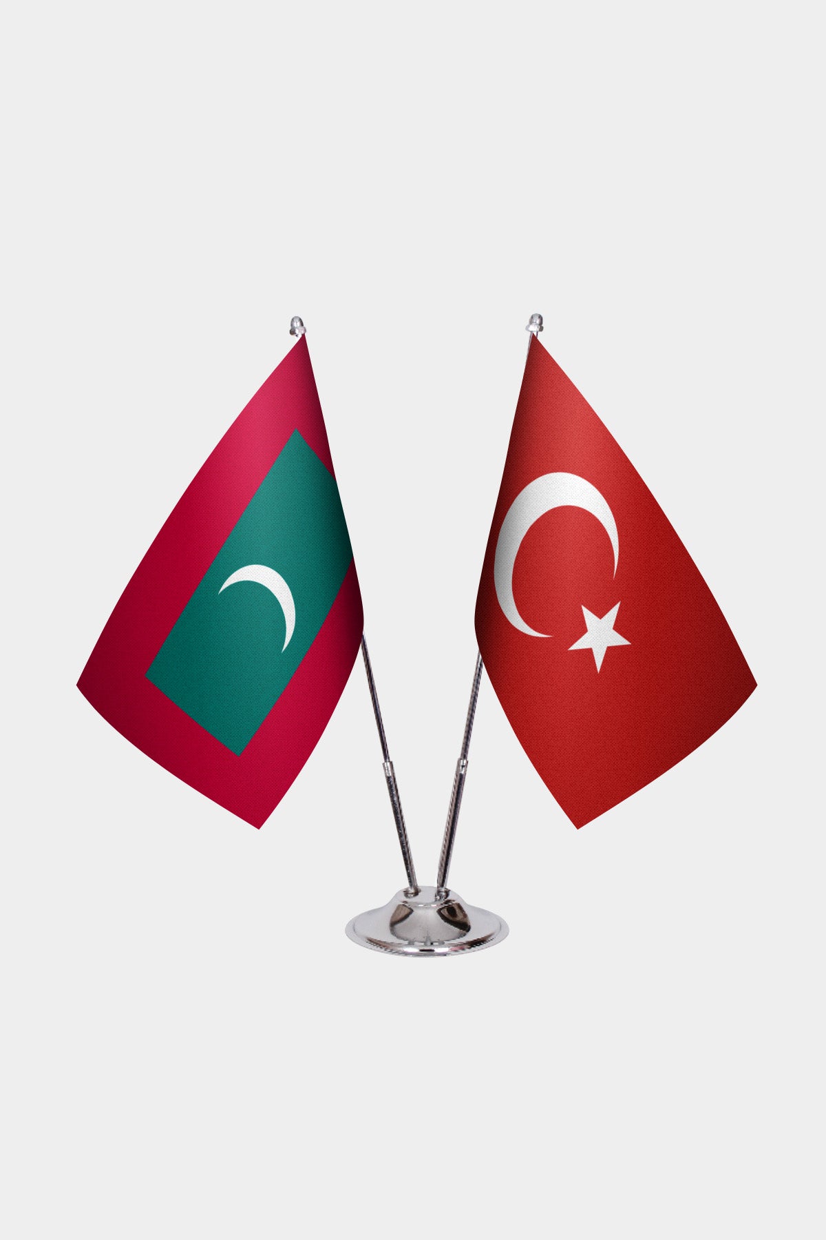 Maldives and Turkey desk flag set with chrome pole and base