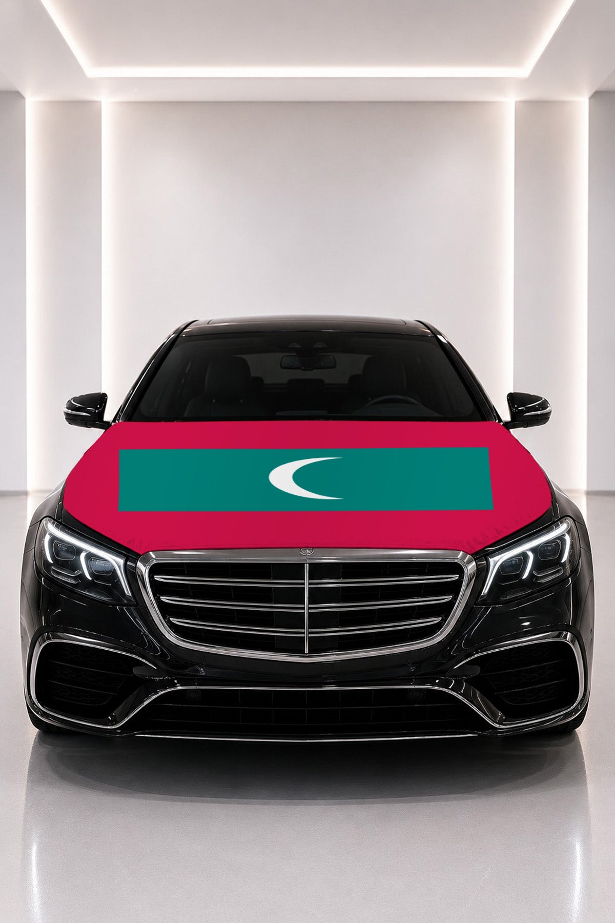 Maldives flag car hood cover fitted on a black car bonnet