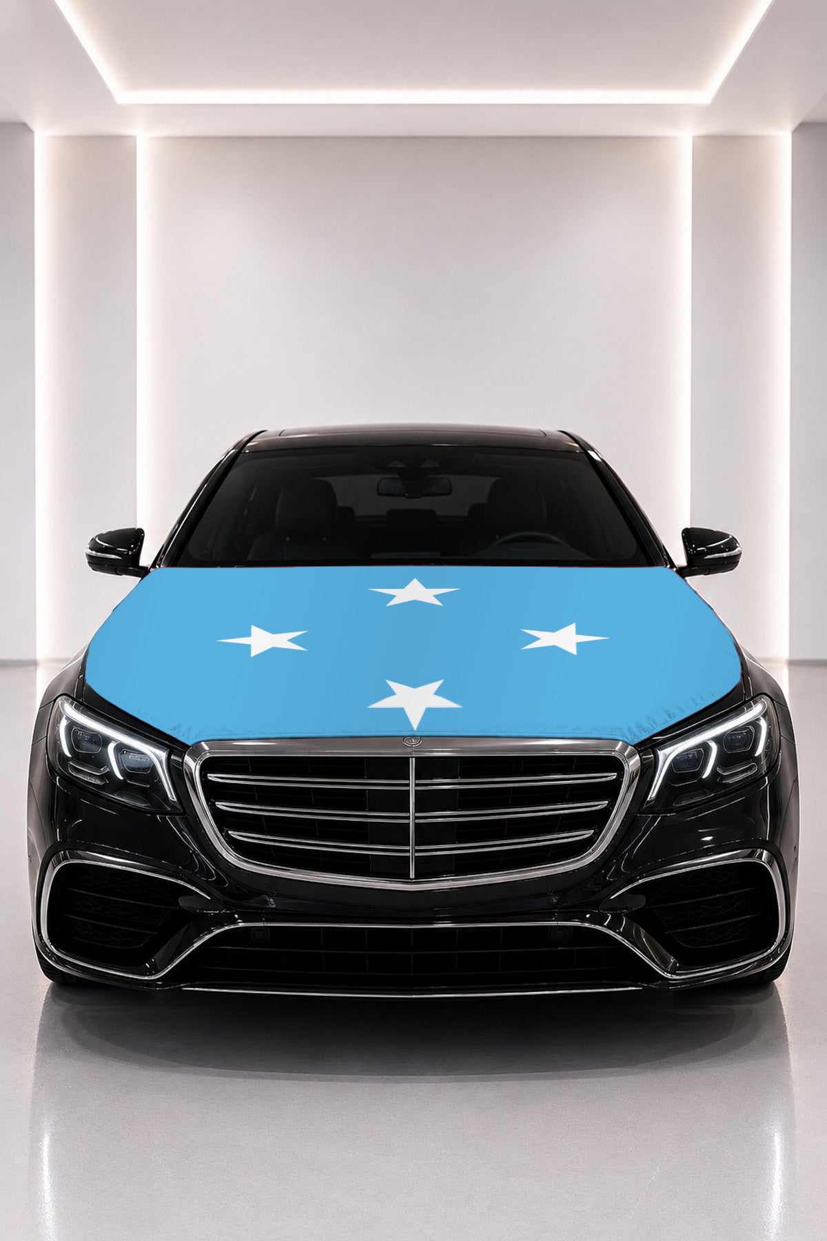 Micronesia flag car hood cover fitted on a black car bonnet