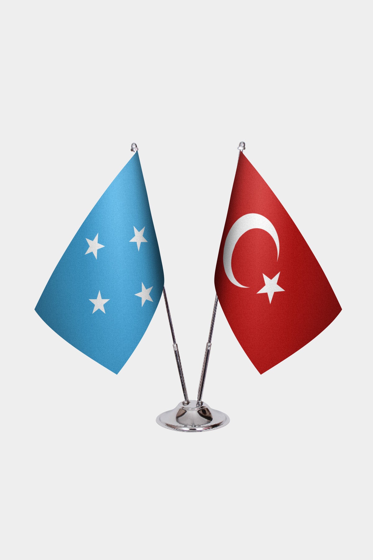 Micronesia and Turkey desk flag set with chrome pole and base