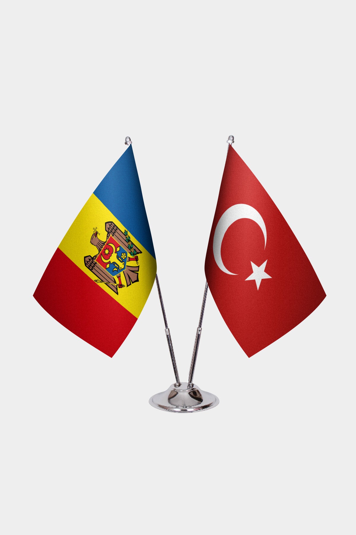 Moldova and Turkey desk flag set with chrome pole and base