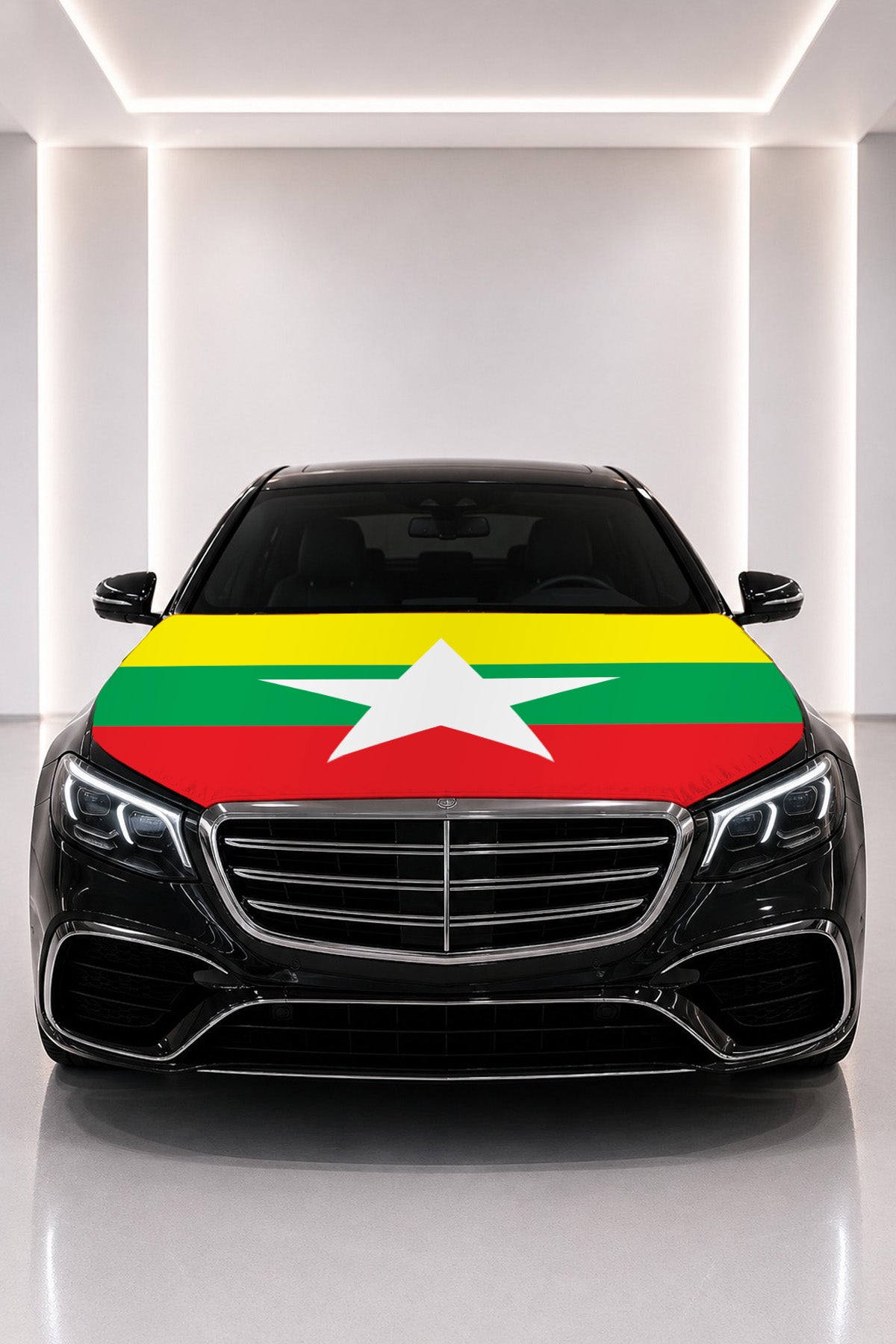 Myanmar flag car hood cover fitted on a black car bonnet