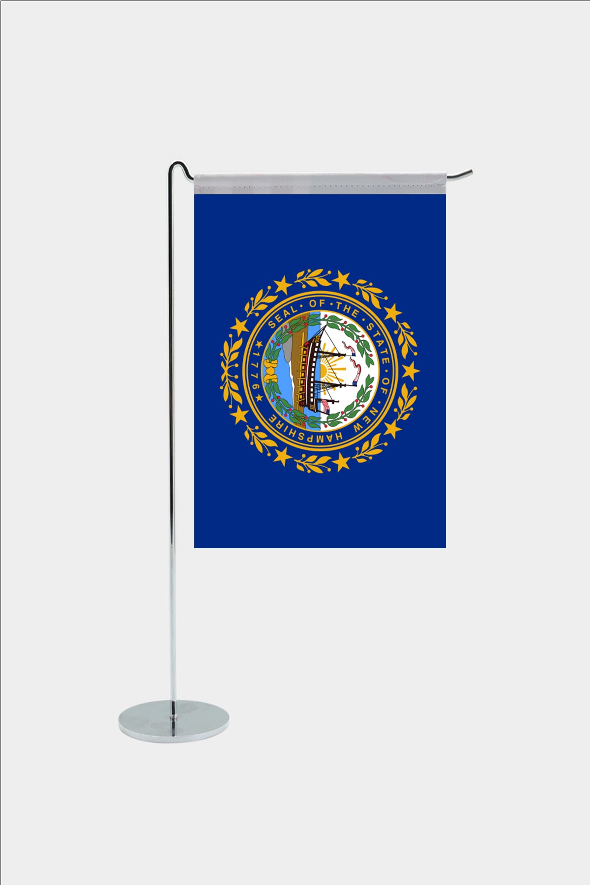New Hampshire state desk flag with chrome L-shaped stand - premium double-layer satin office flag