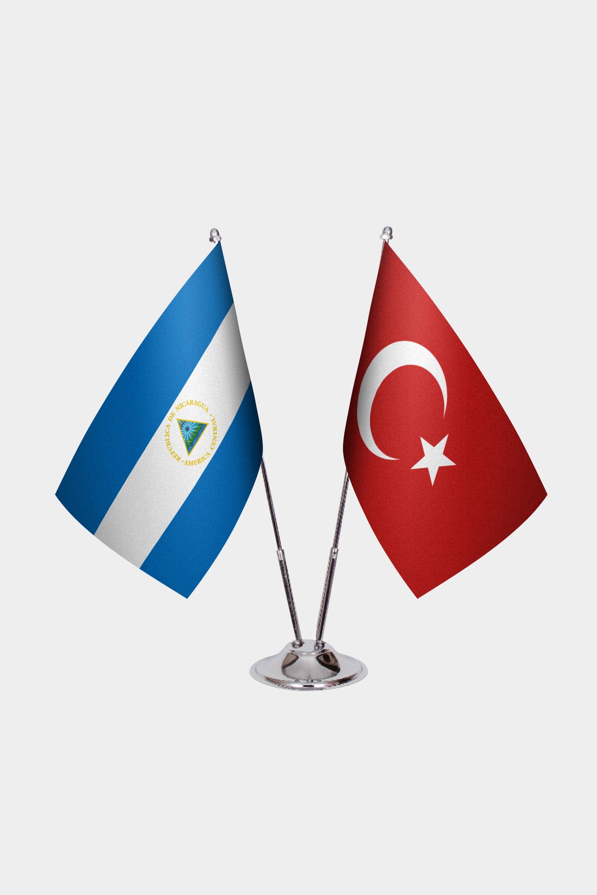 Nicaragua and Turkey desk flag set with chrome pole and base