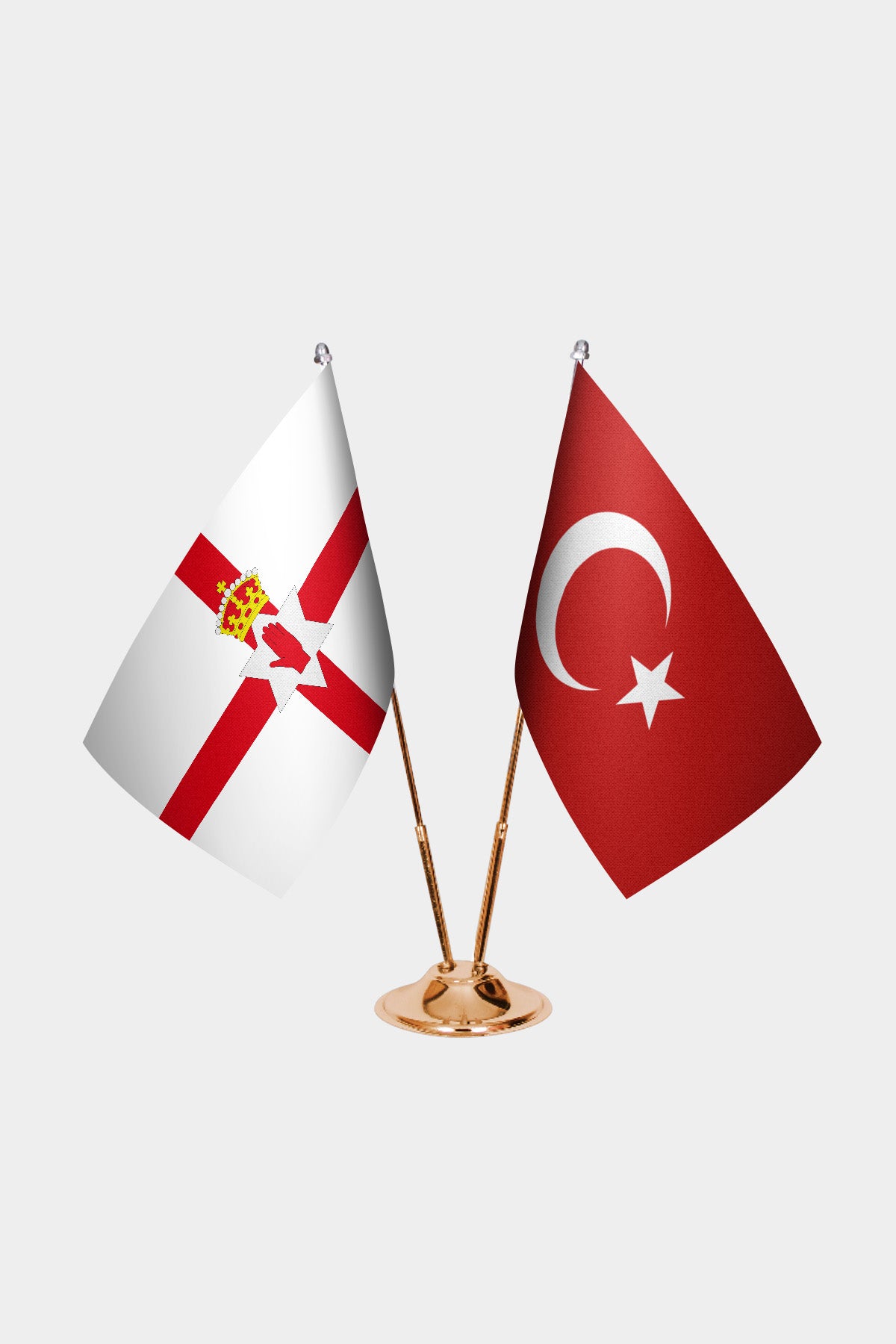 Northern Ireland and Turkey desk flag set with gold pole and base