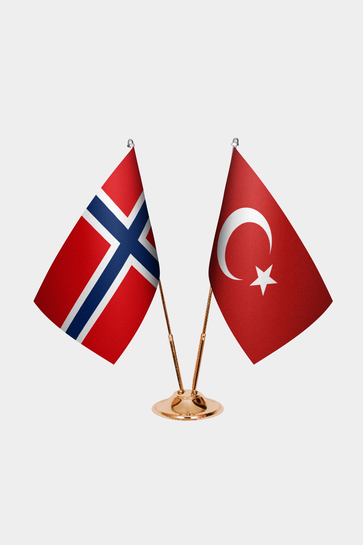Norway and Turkey desk flag set with gold pole and base