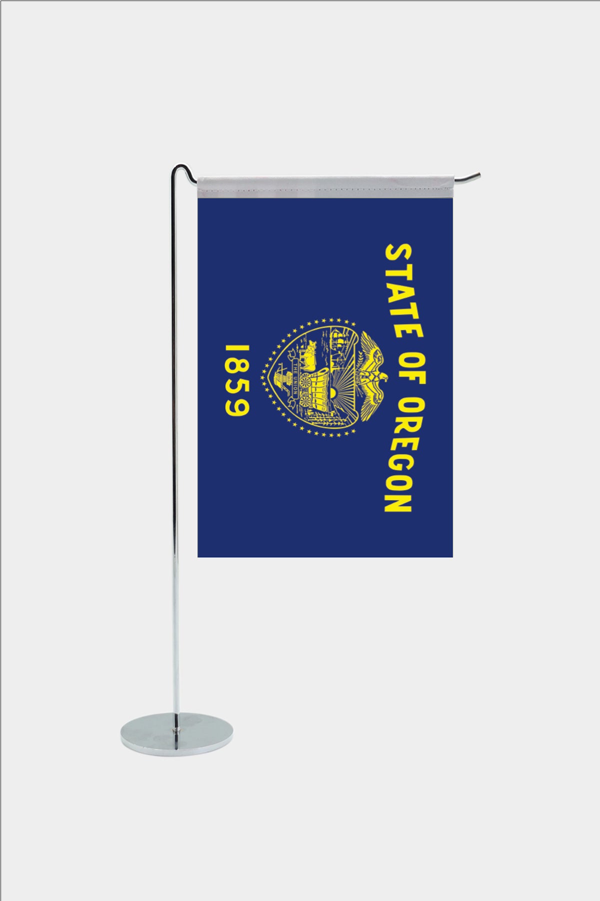 Oregon state desk flag with chrome L-shaped stand - premium double-layer satin office flag
