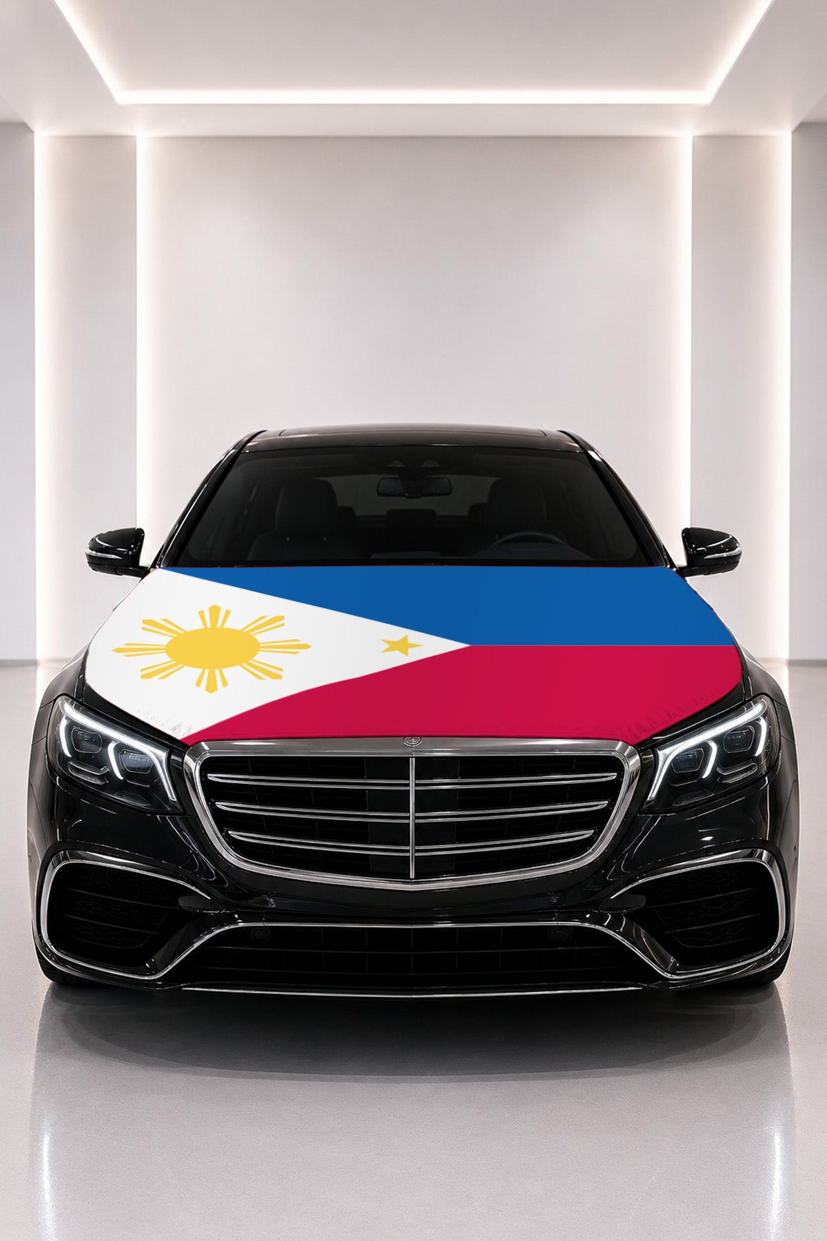 Philippines flag car hood cover fitted on a black car bonnet