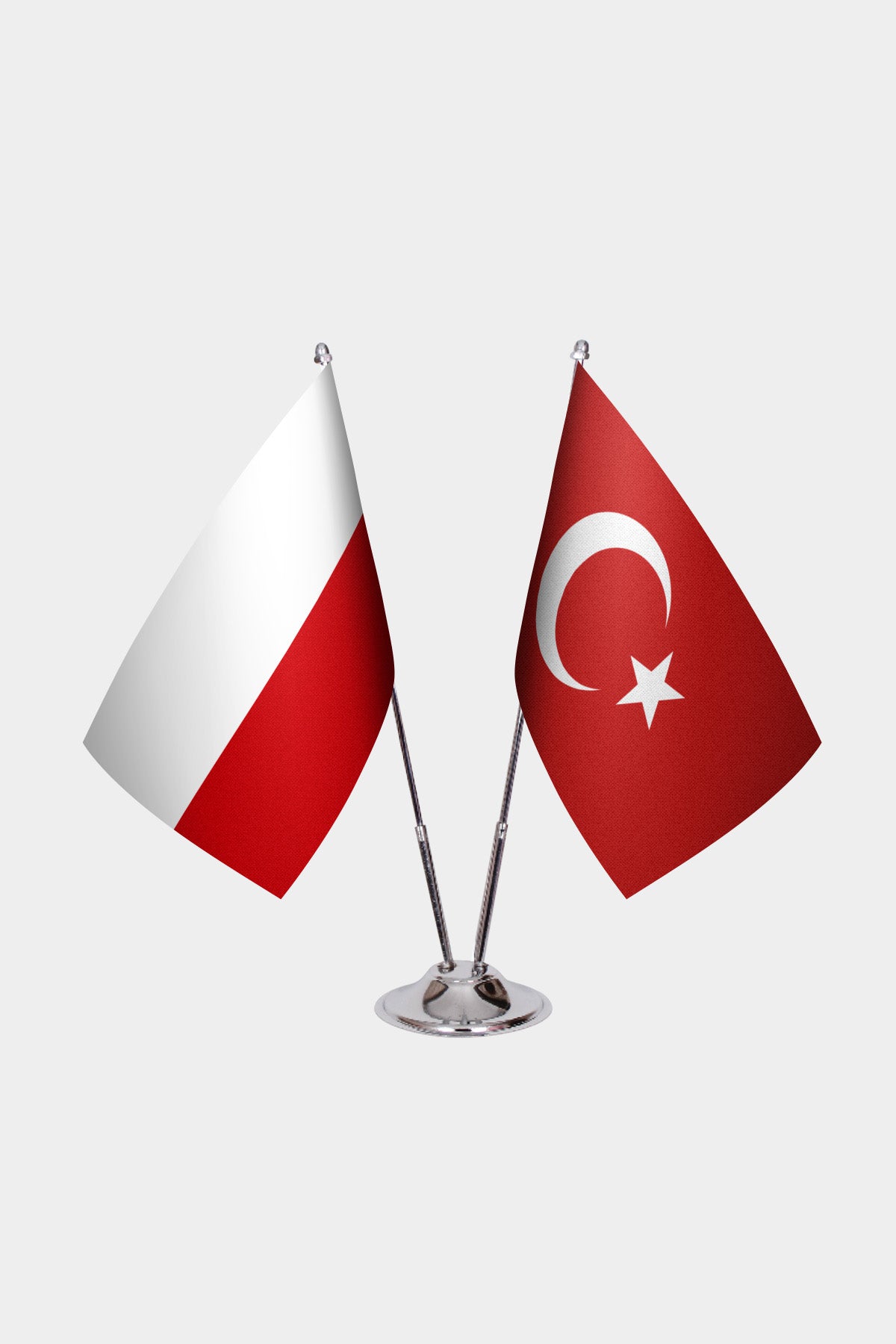 Poland and Turkey desk flag set with chrome pole and base