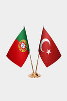 Portugal and Turkey desk flag set with gold pole and base