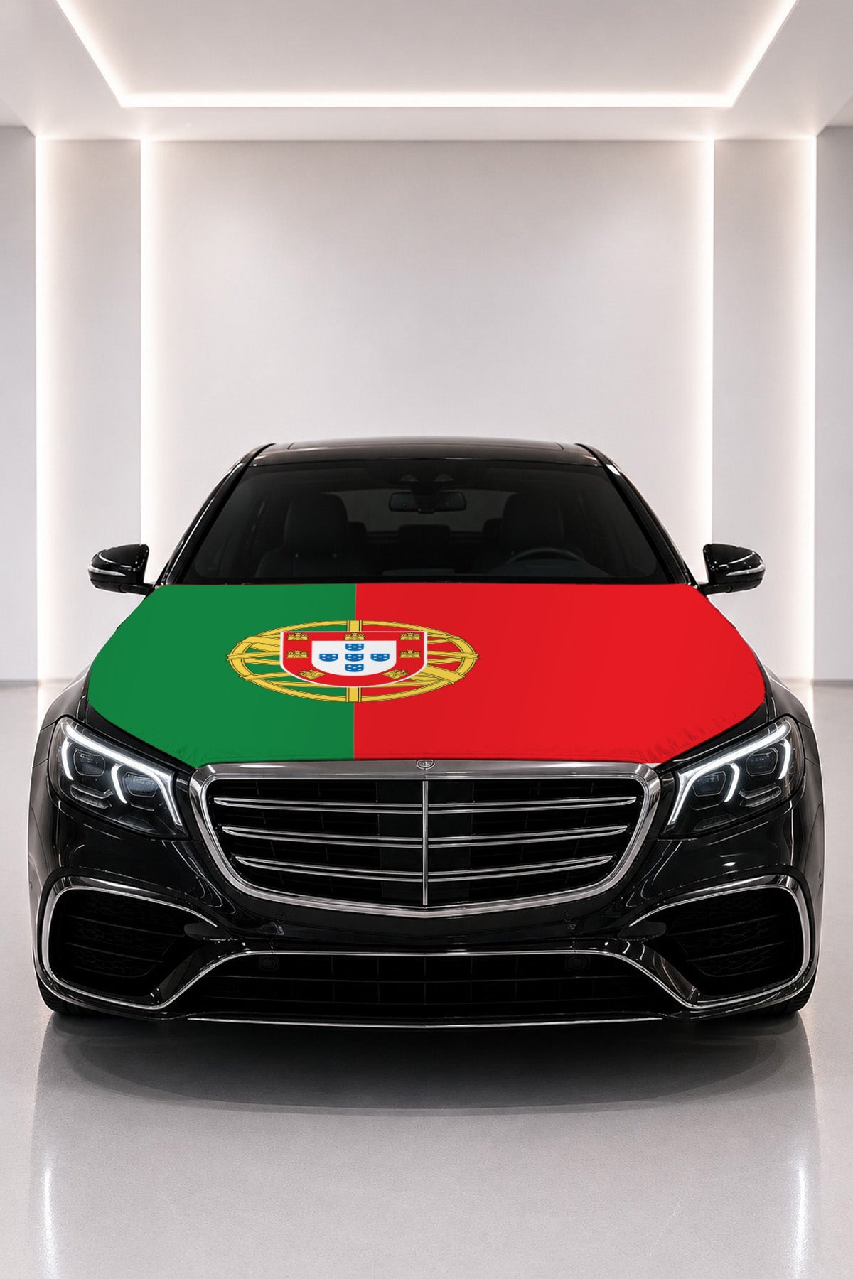 Portugal flag car hood cover fitted on a black car bonnet