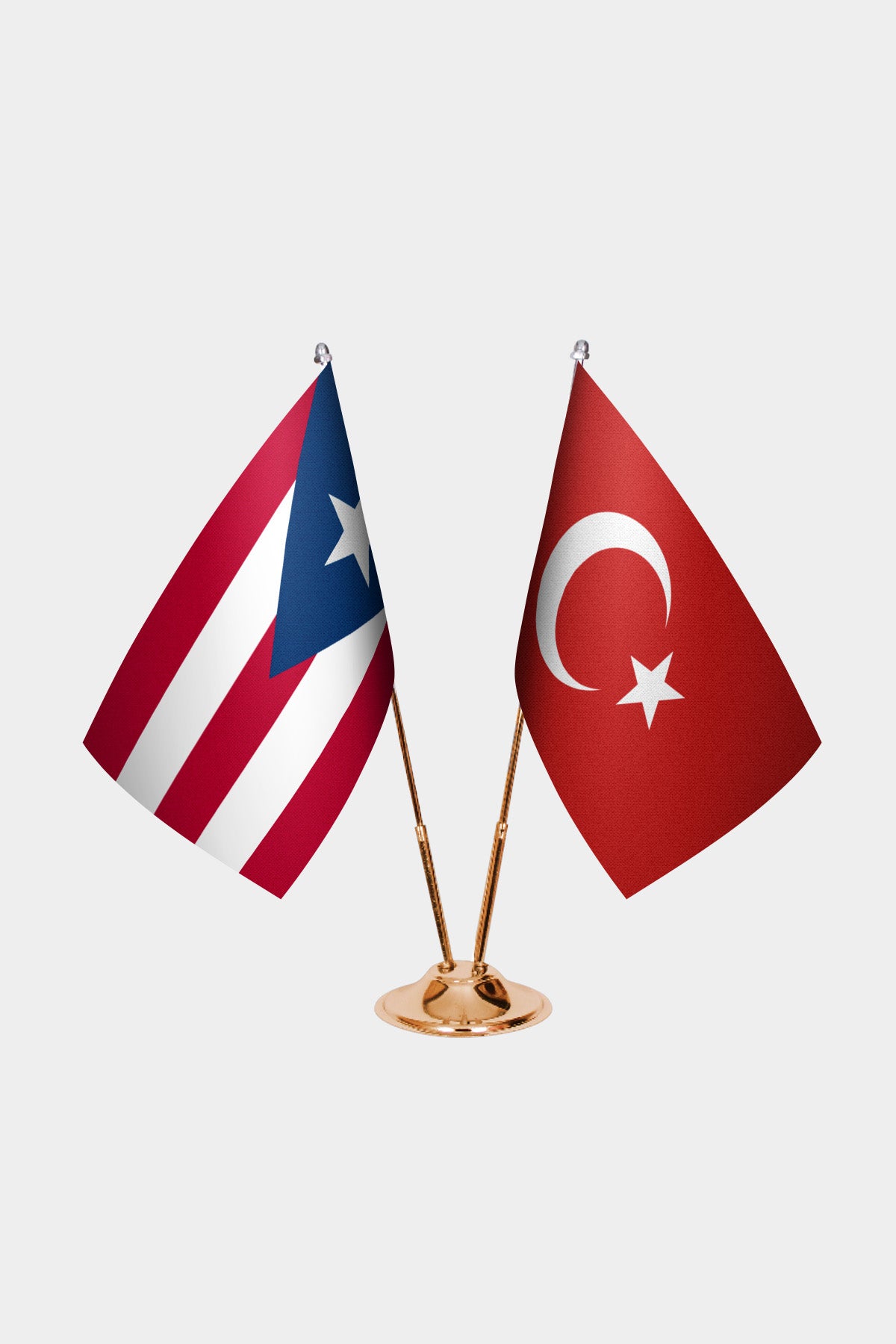Puerto Rico and Turkey desk flag set with gold pole and base