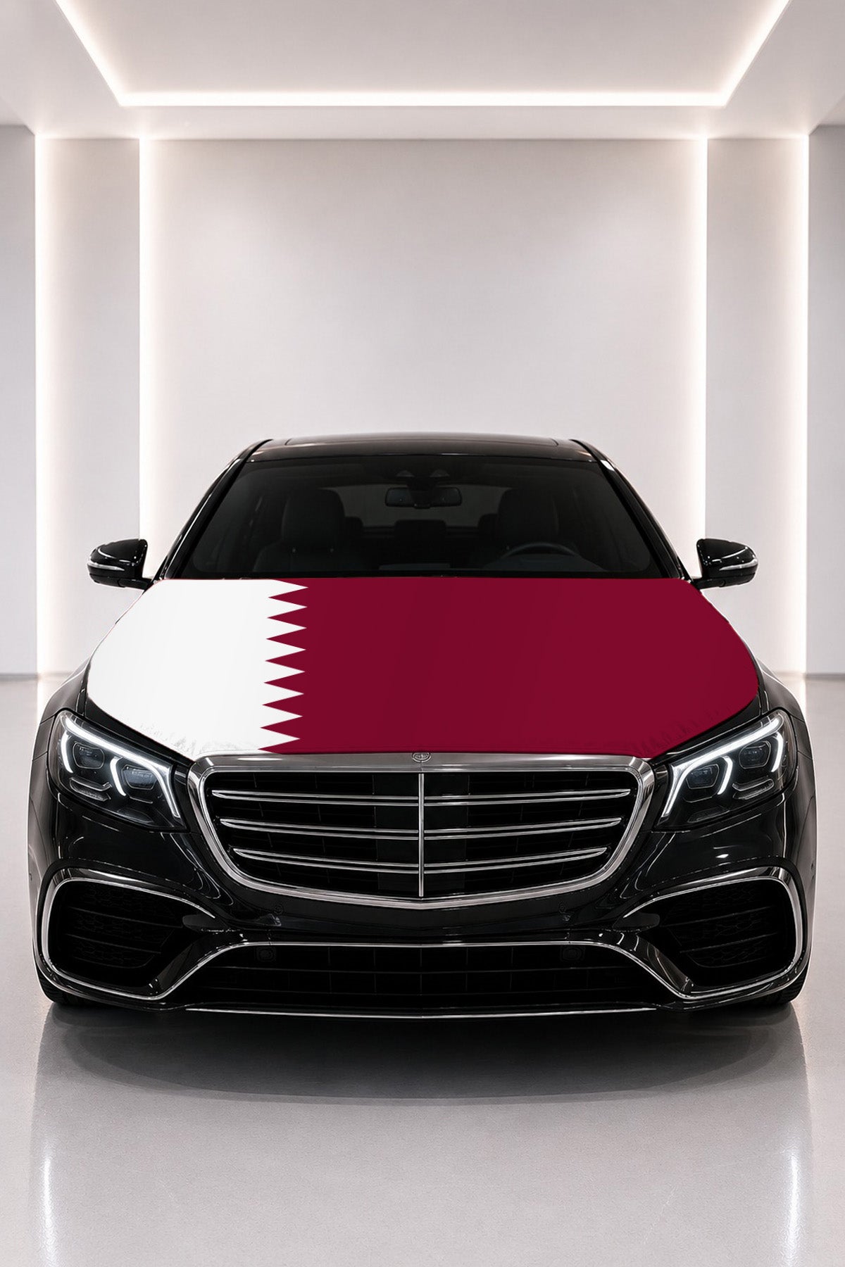 Qatar flag car hood cover fitted on a black car bonnet