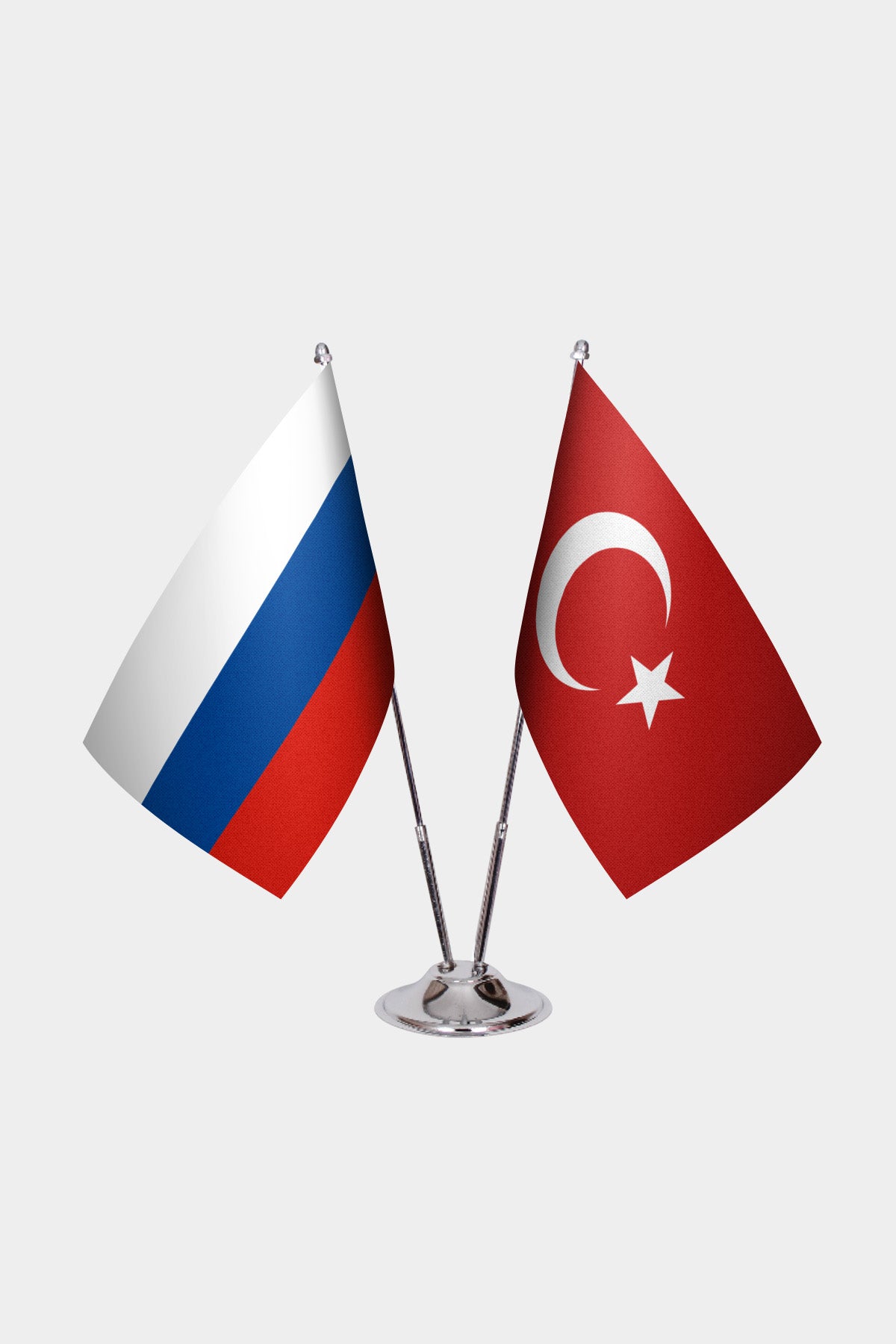 Russia and Turkey desk flag set with chrome pole and base
