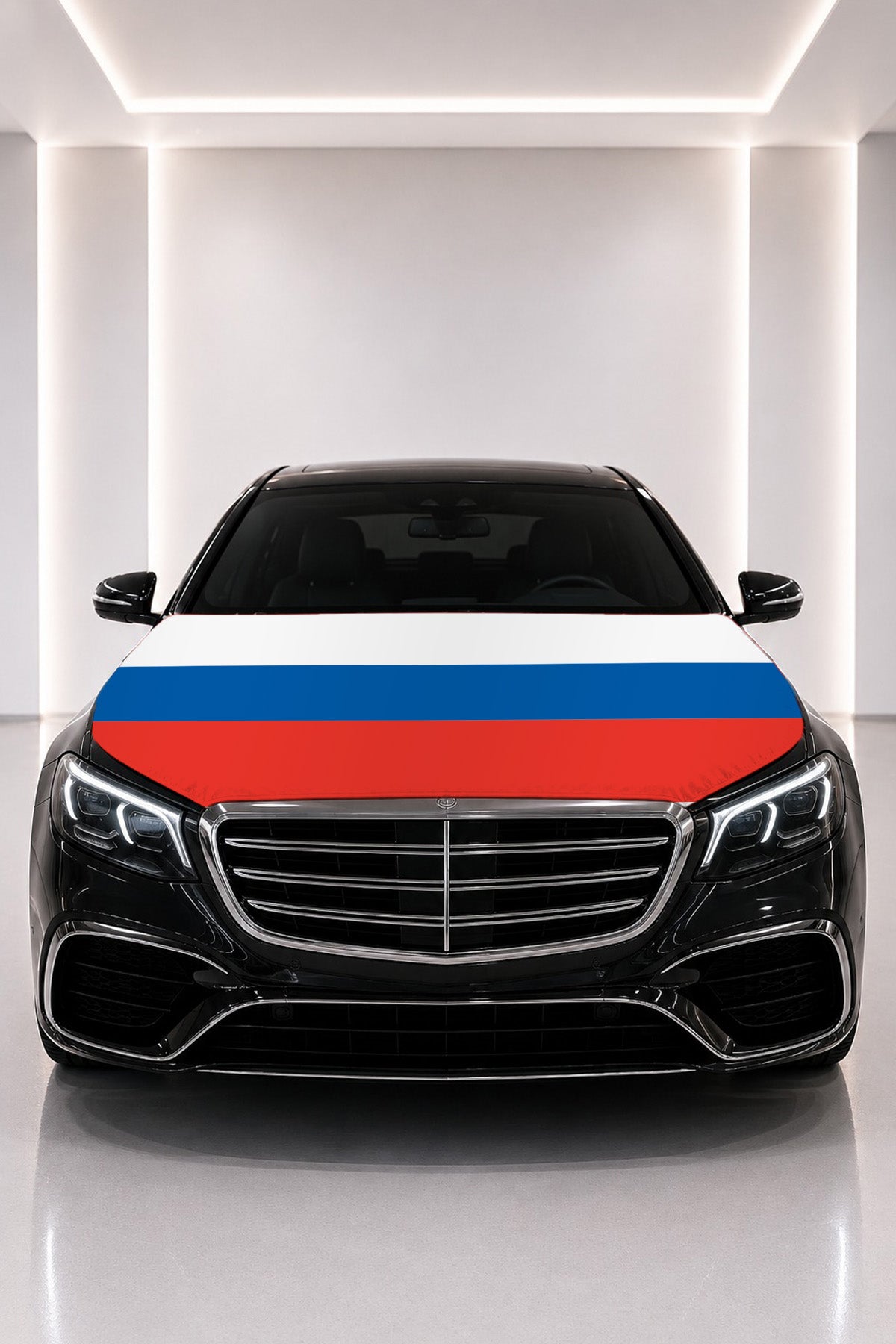 Russia flag car hood cover fitted on a black car bonnet