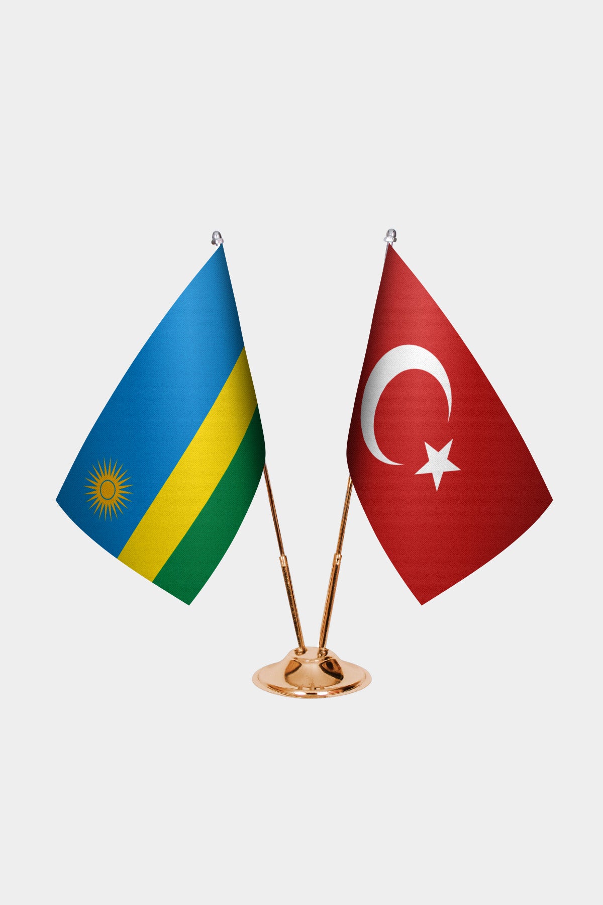 Rwanda and Turkey desk flag set with gold pole and base