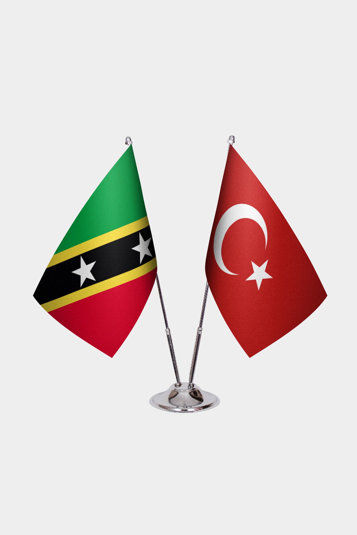 St. Kitts & Nevis and Turkey desk flag set with chrome pole and base
