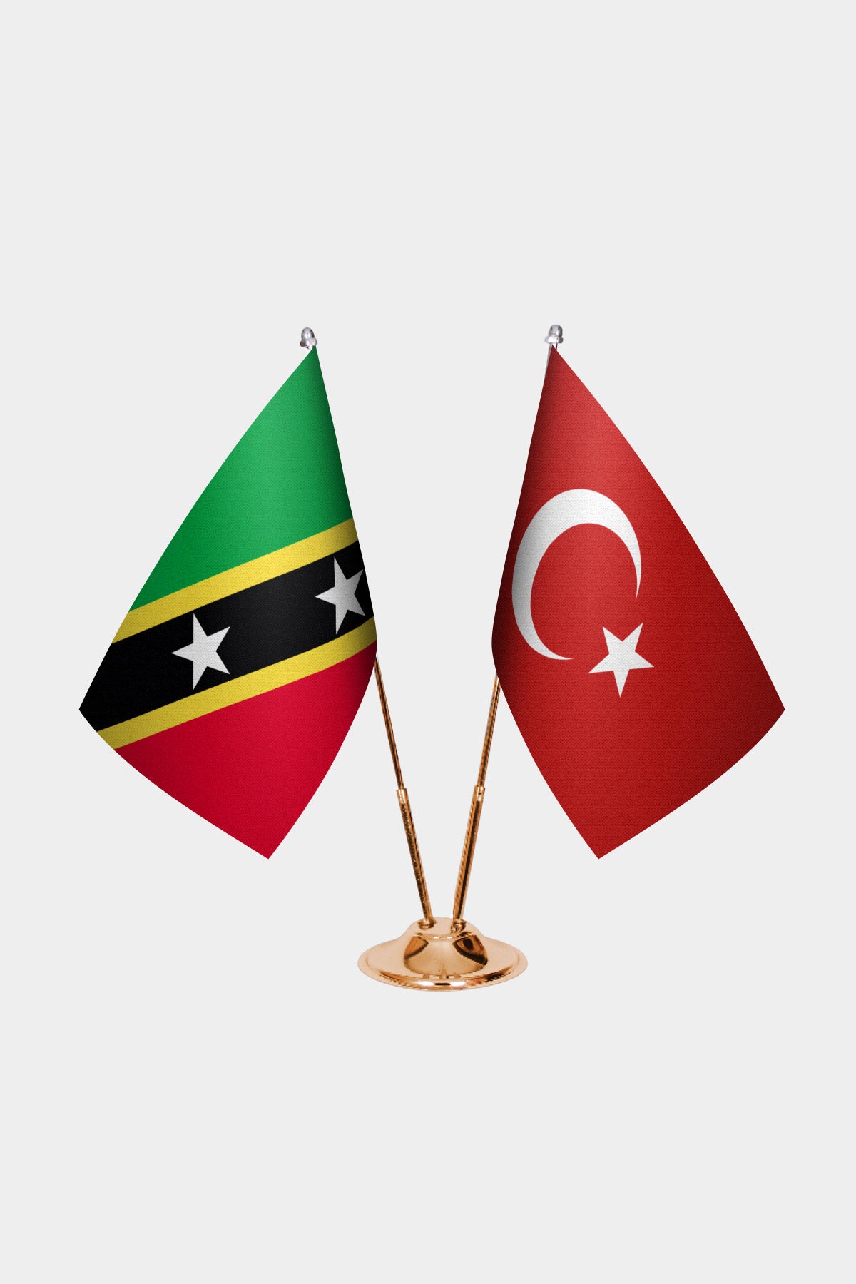 St. Kitts & Nevis and Turkey desk flag set with gold pole and base