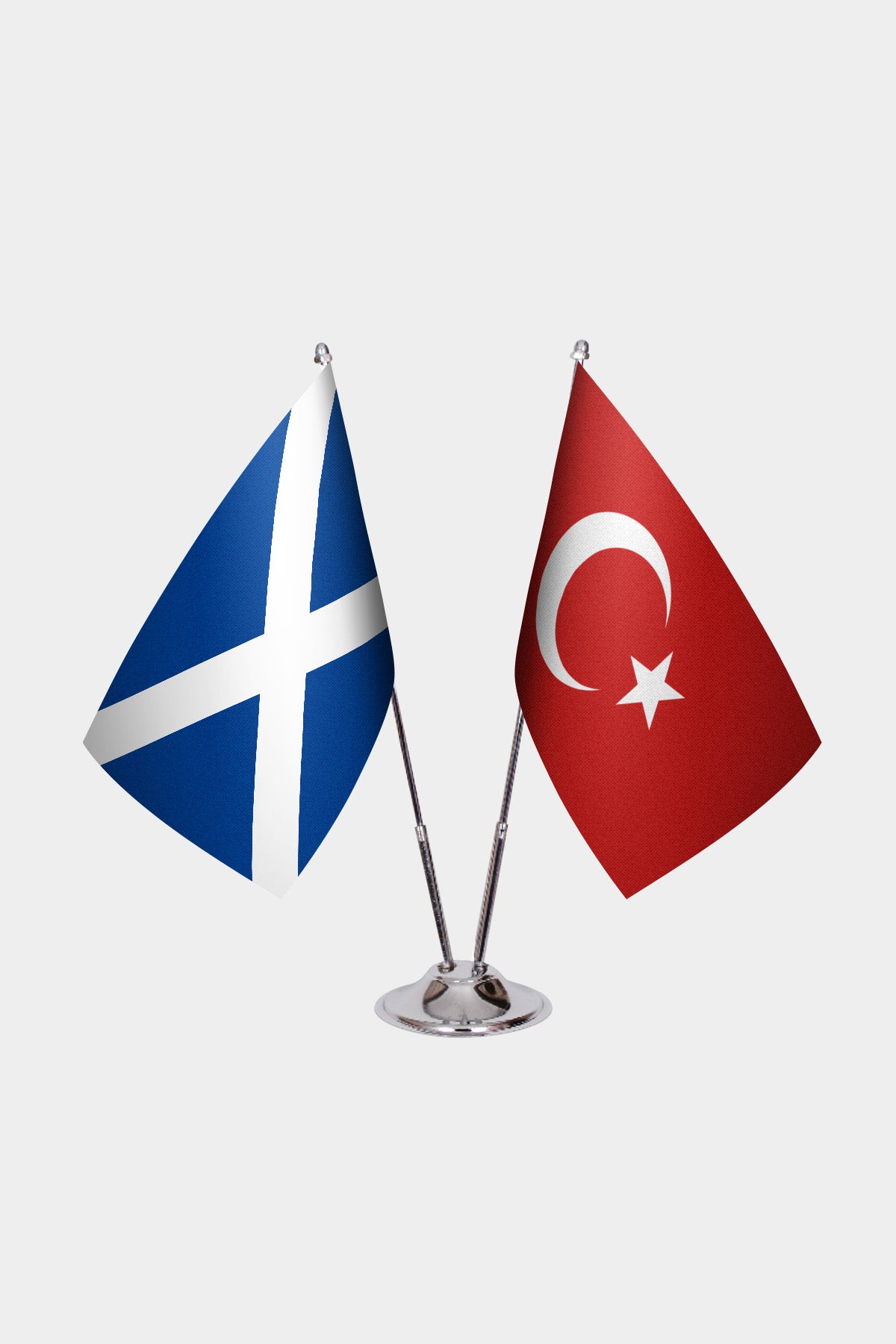 Scotland and Turkey desk flag set with chrome pole and base