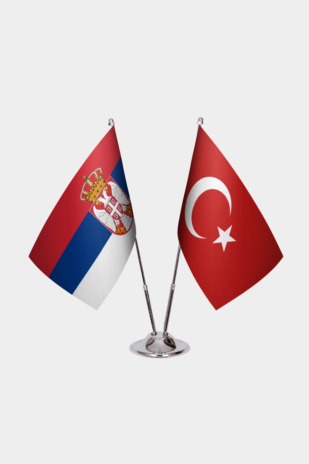 Serbia and Turkey desk flag set with chrome pole and base