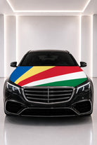 Seychelles flag car hood cover fitted on a black car bonnet