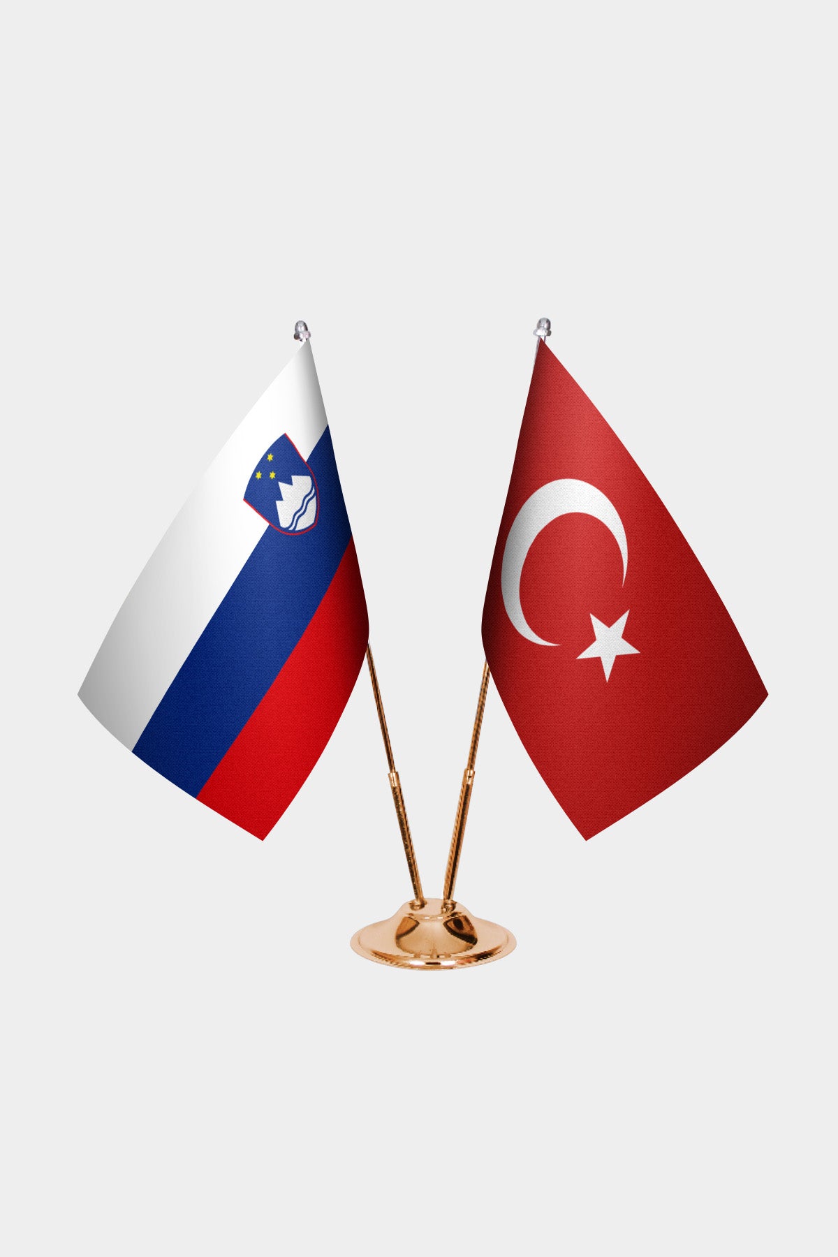 Slovenia and Turkey desk flag set with gold pole and base