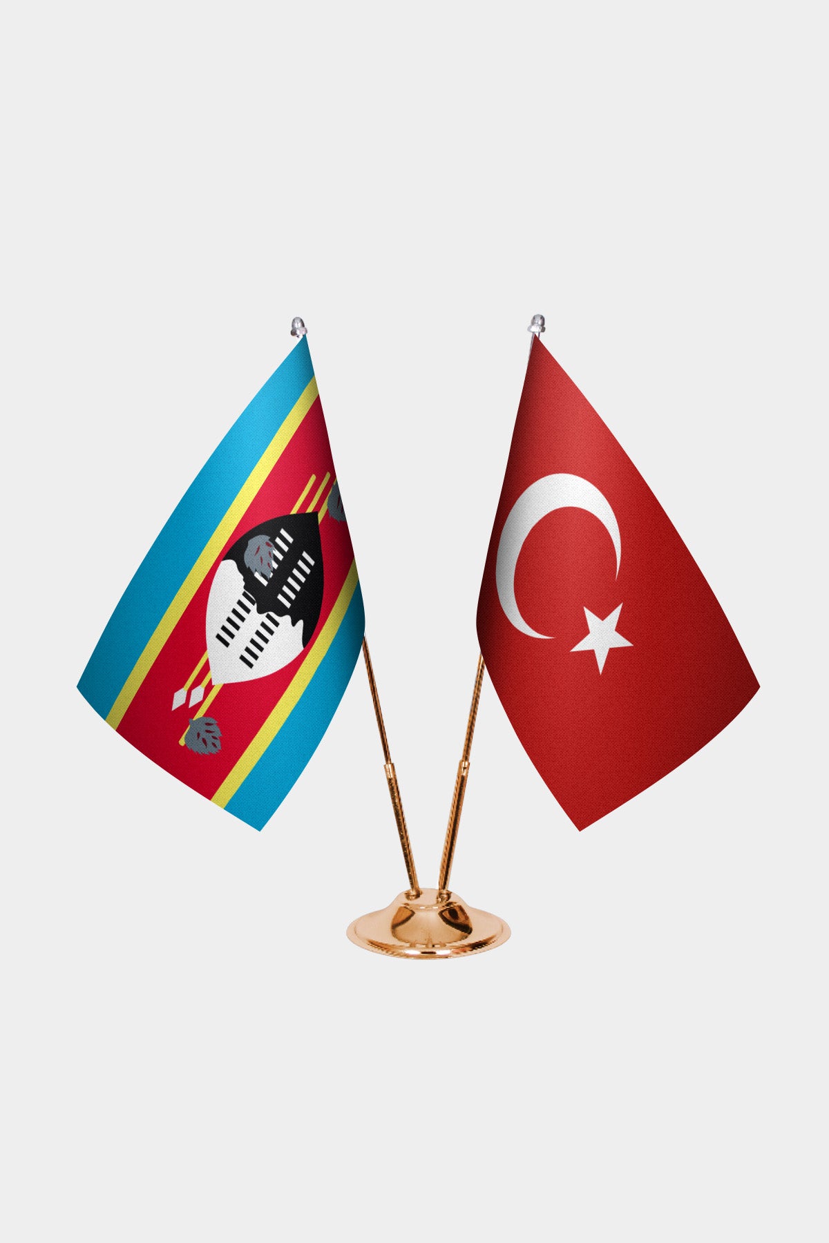 Eswatini and Turkey desk flag set with gold pole and base