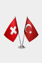 Switzerland and Turkey desk flag set with chrome pole and base