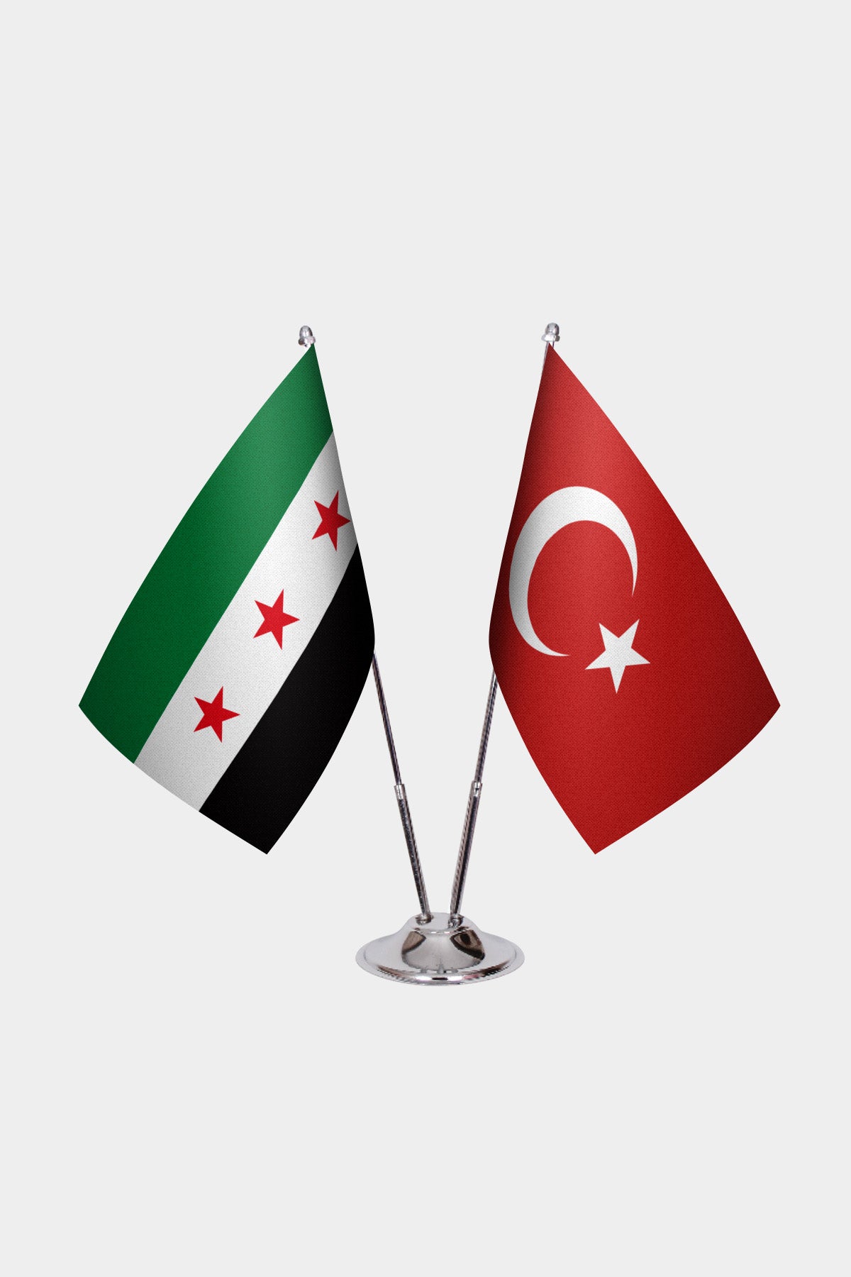 Syria and Turkey desk flag set with chrome pole and base