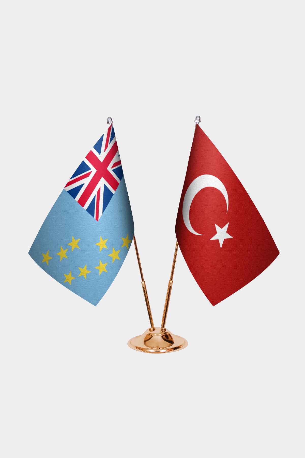 Tuvalu and Turkey desk flag set with gold pole and base