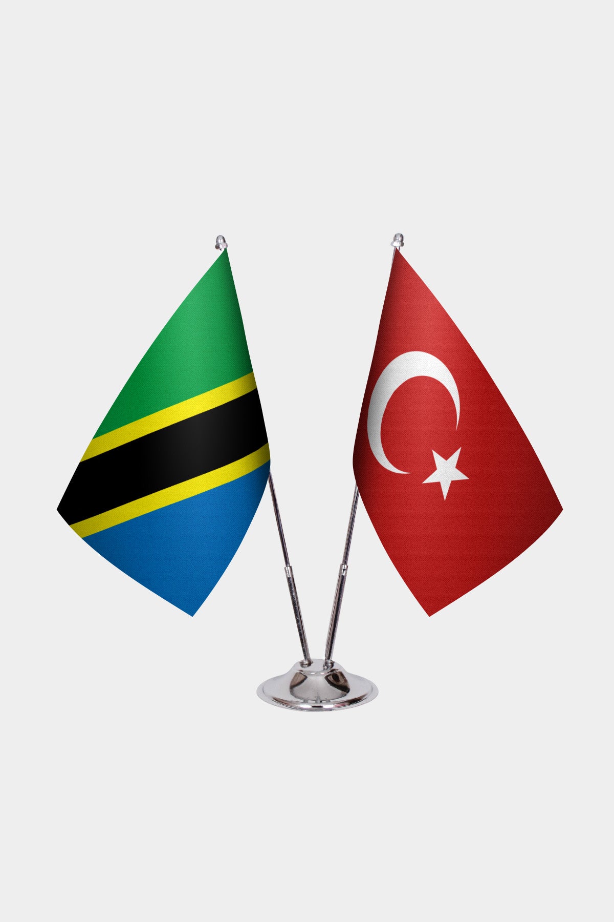 Tanzania and Turkey desk flag set with chrome pole and base