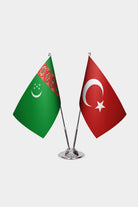 Turkmenistan and Turkey desk flag set with chrome pole and base