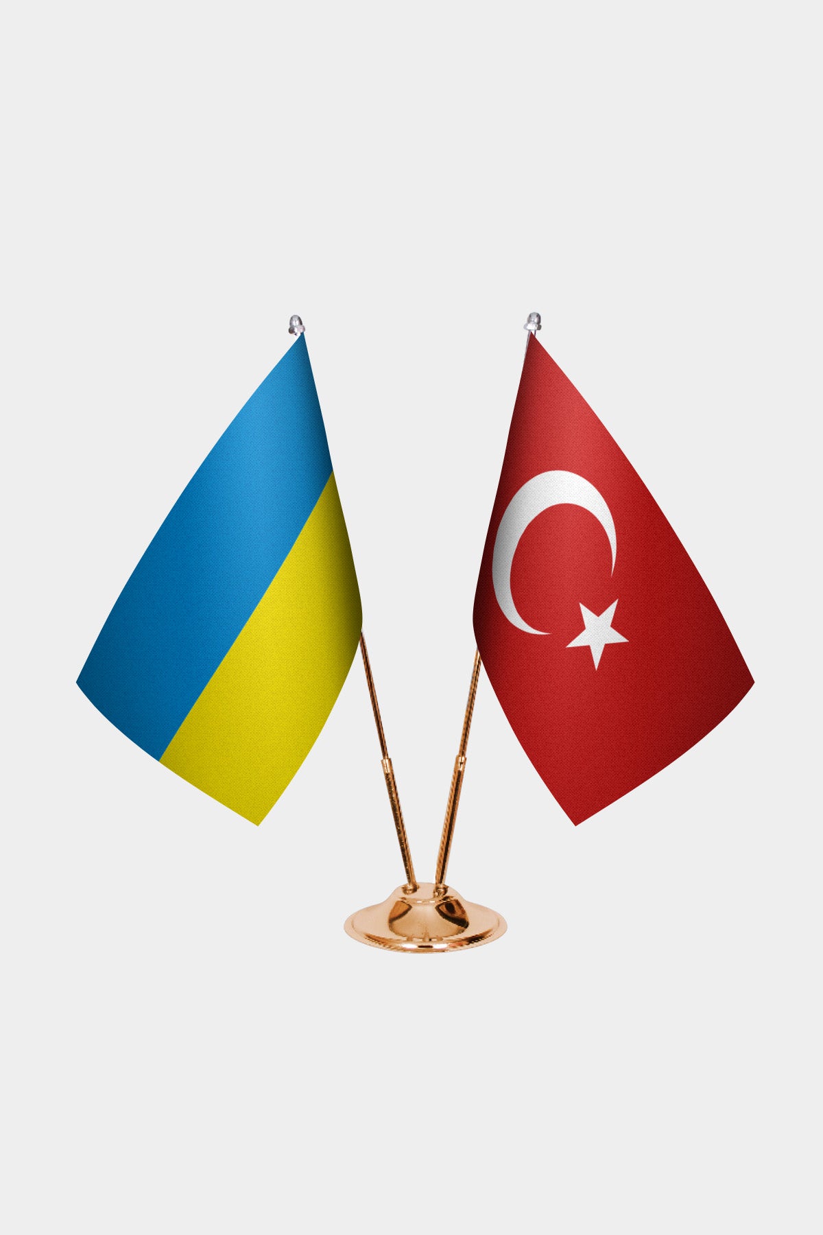 Ukraine and Turkey desk flag set with gold pole and base