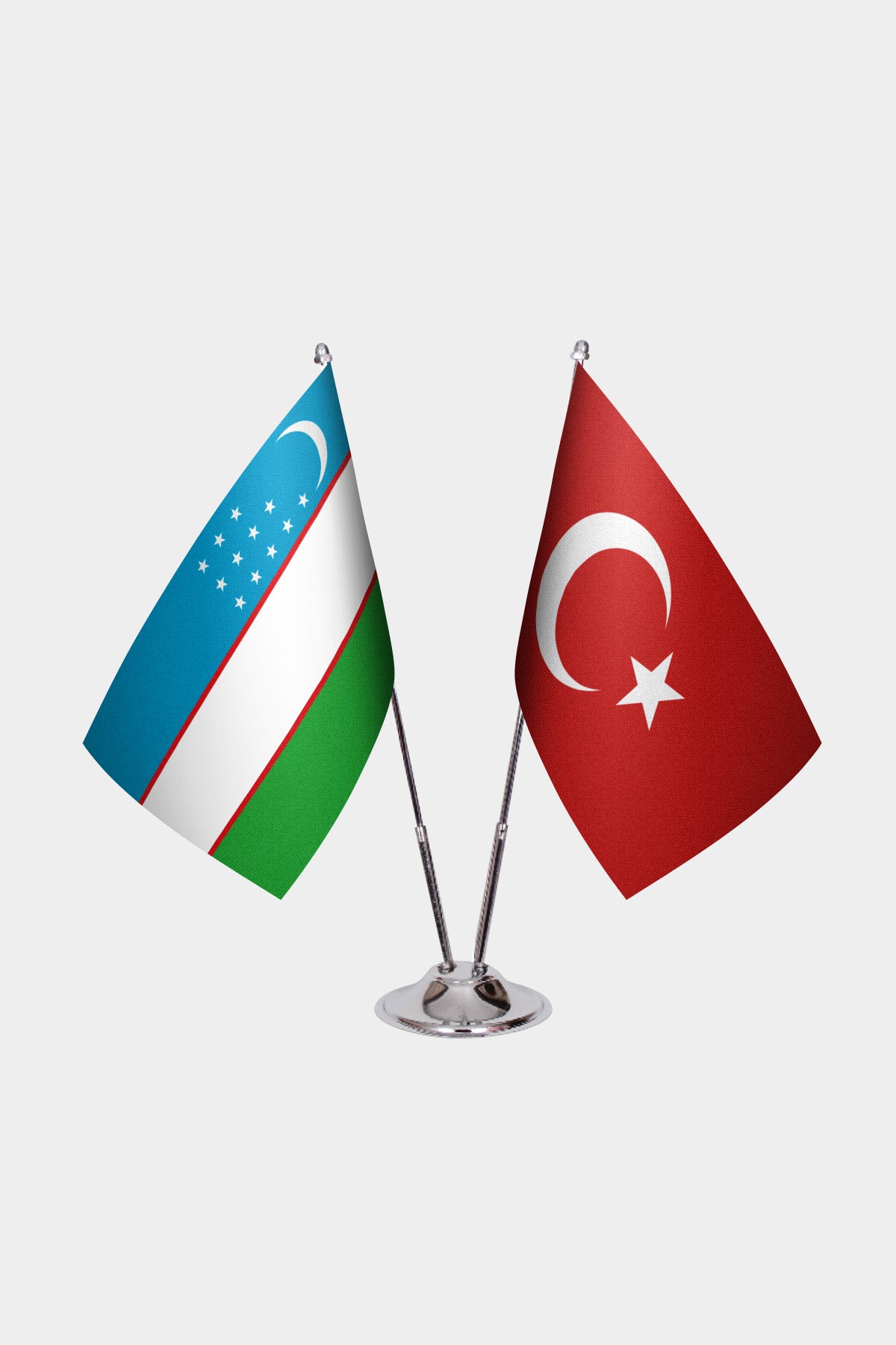 Uzbekistan and Turkey desk flag set with chrome pole and base