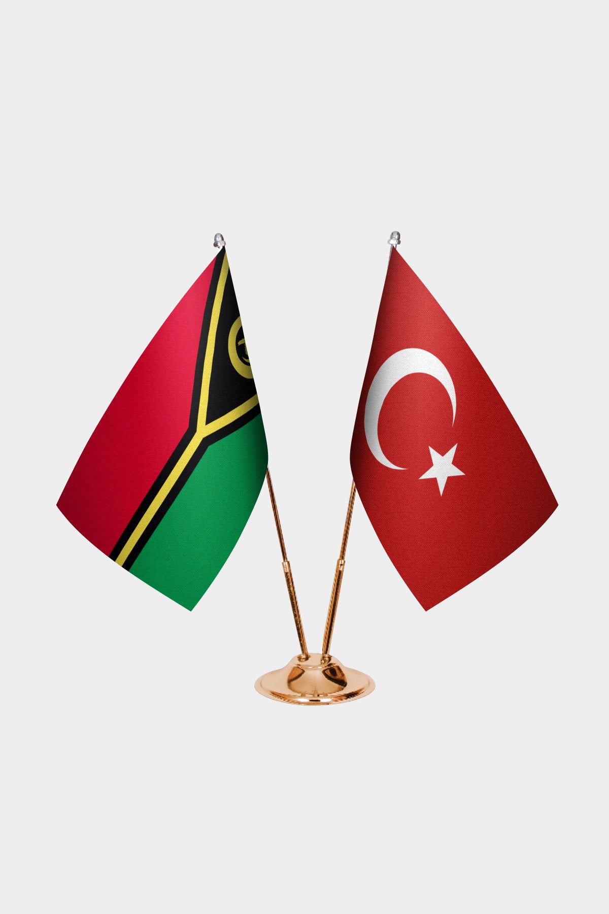 Vanuatu and Turkey desk flag set with gold pole and base