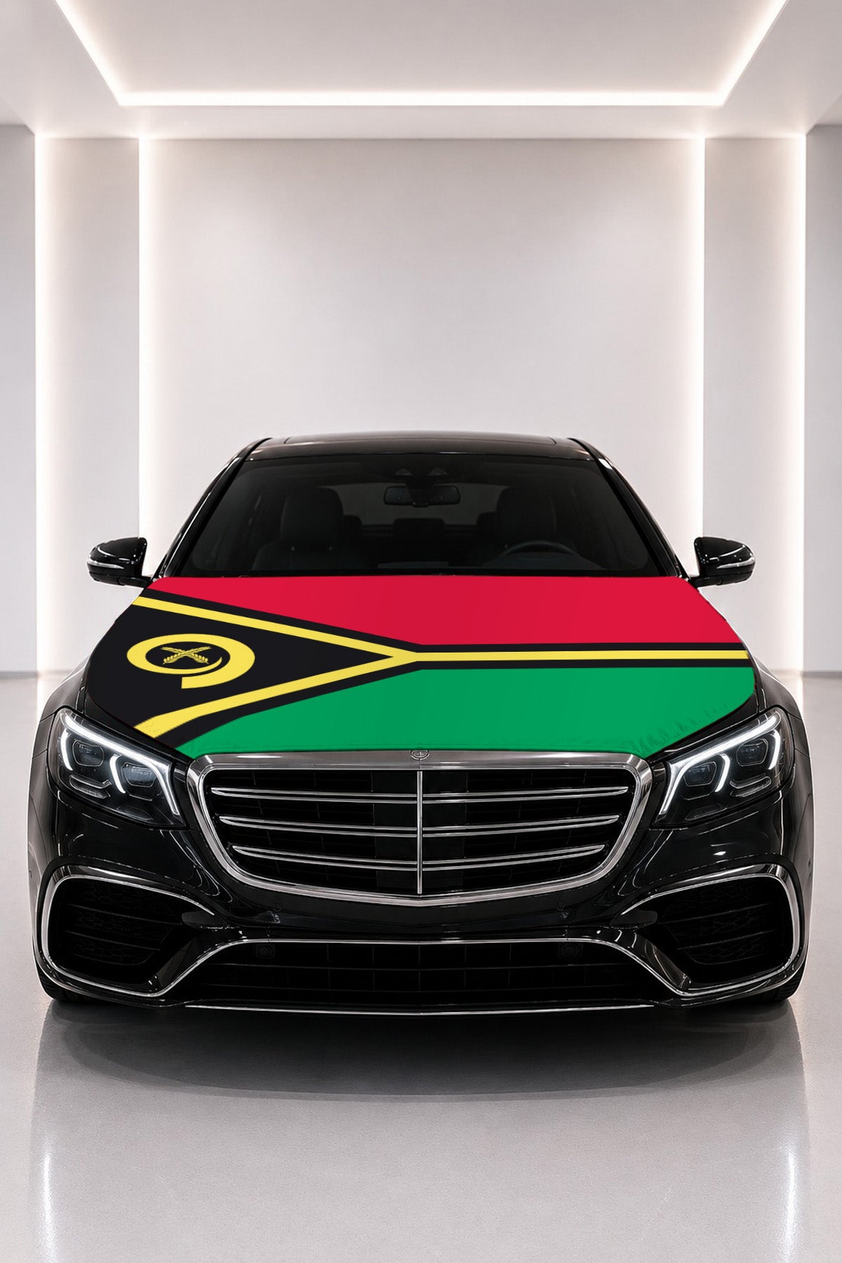 Vanuatu flag car hood cover fitted on a black car bonnet