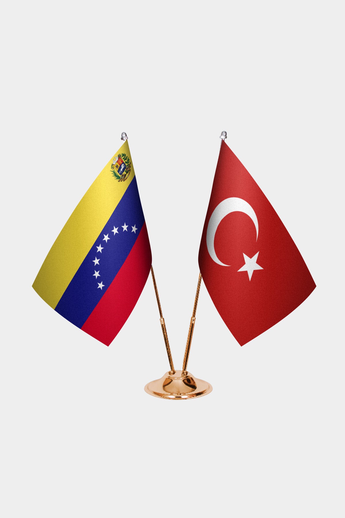 Venezuela and Turkey desk flag set with gold pole and base