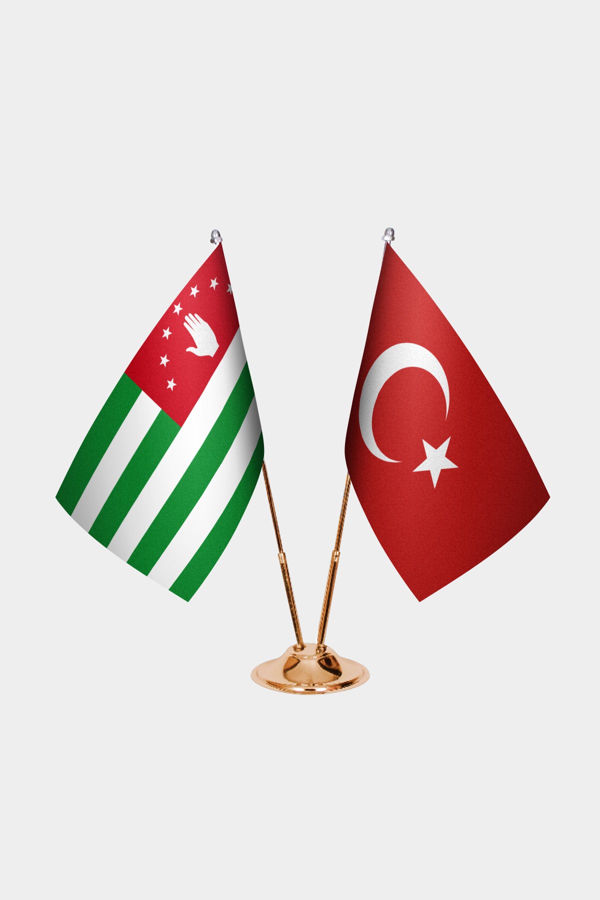 Abkhazia and Turkey desk flag set with gold pole and base