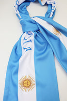 Argentina Flag Satin Soccer Scarf close-up of the satin-look fabric, print and white fringe