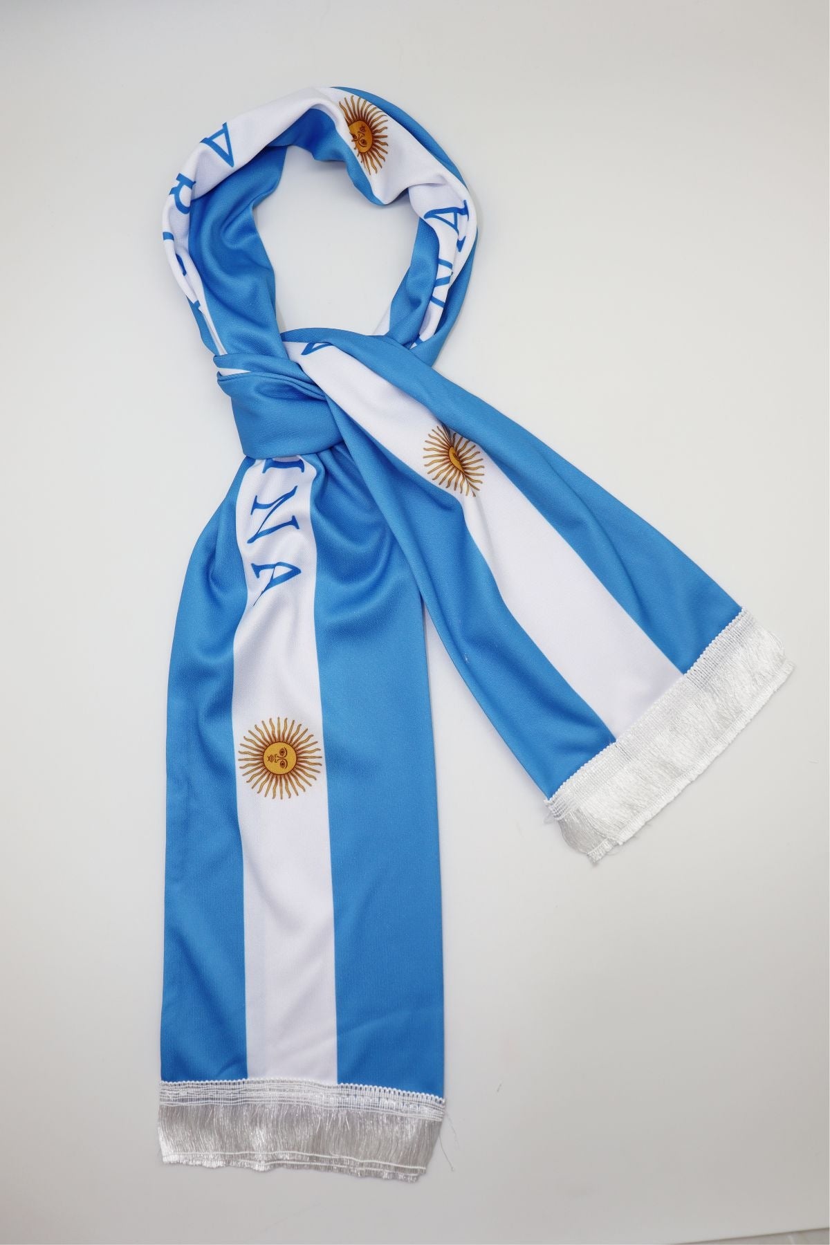 Argentina Flag Satin Soccer Scarf looped and tied, showing the print on both sides