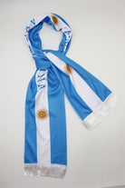 Argentina Flag Satin Soccer Scarf looped and tied, showing the print on both sides