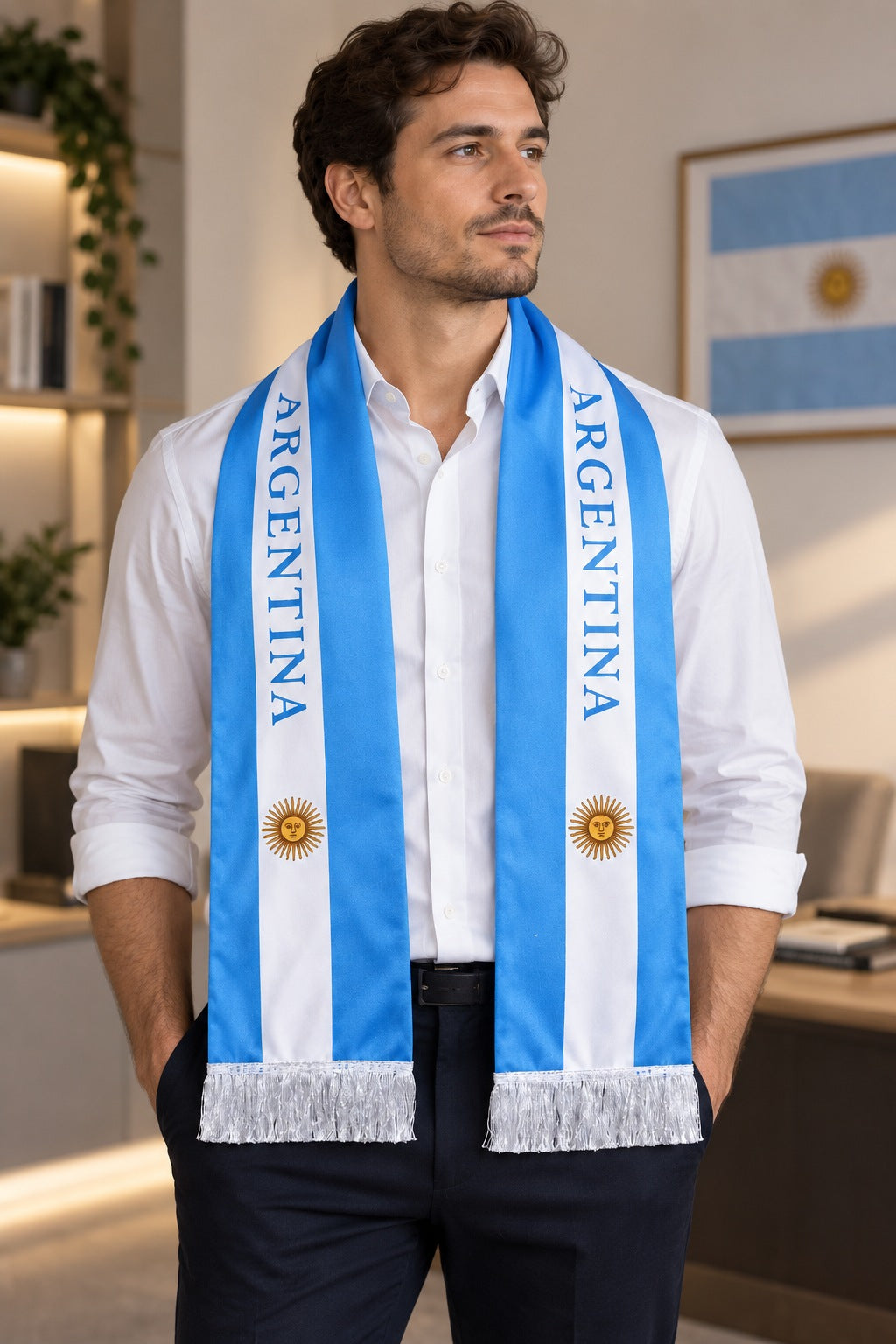 Argentina Flag Satin Soccer Scarf worn around the neck by a man in a white shirt