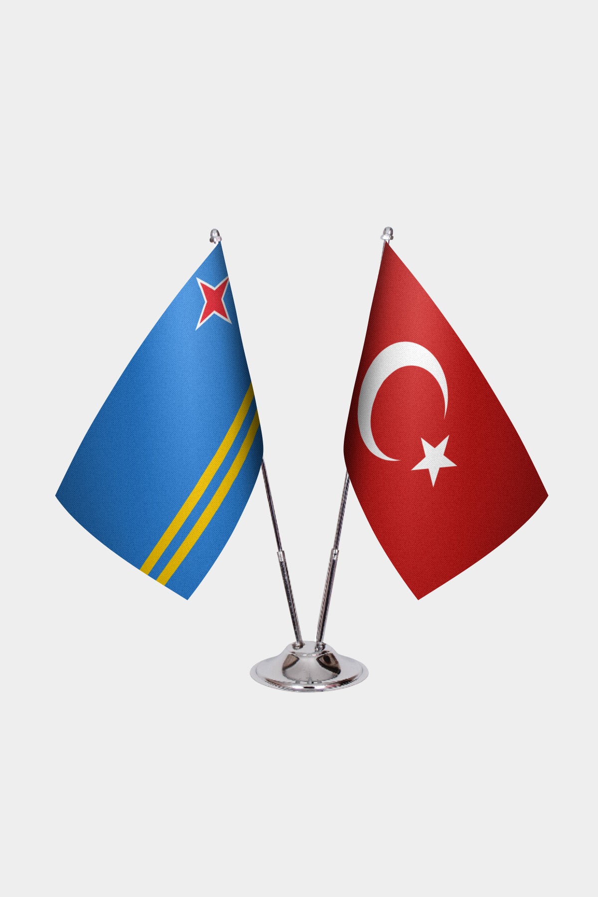 Aruba and Türkiye dual desk flag set with chrome silver pedestal, satin office table flag