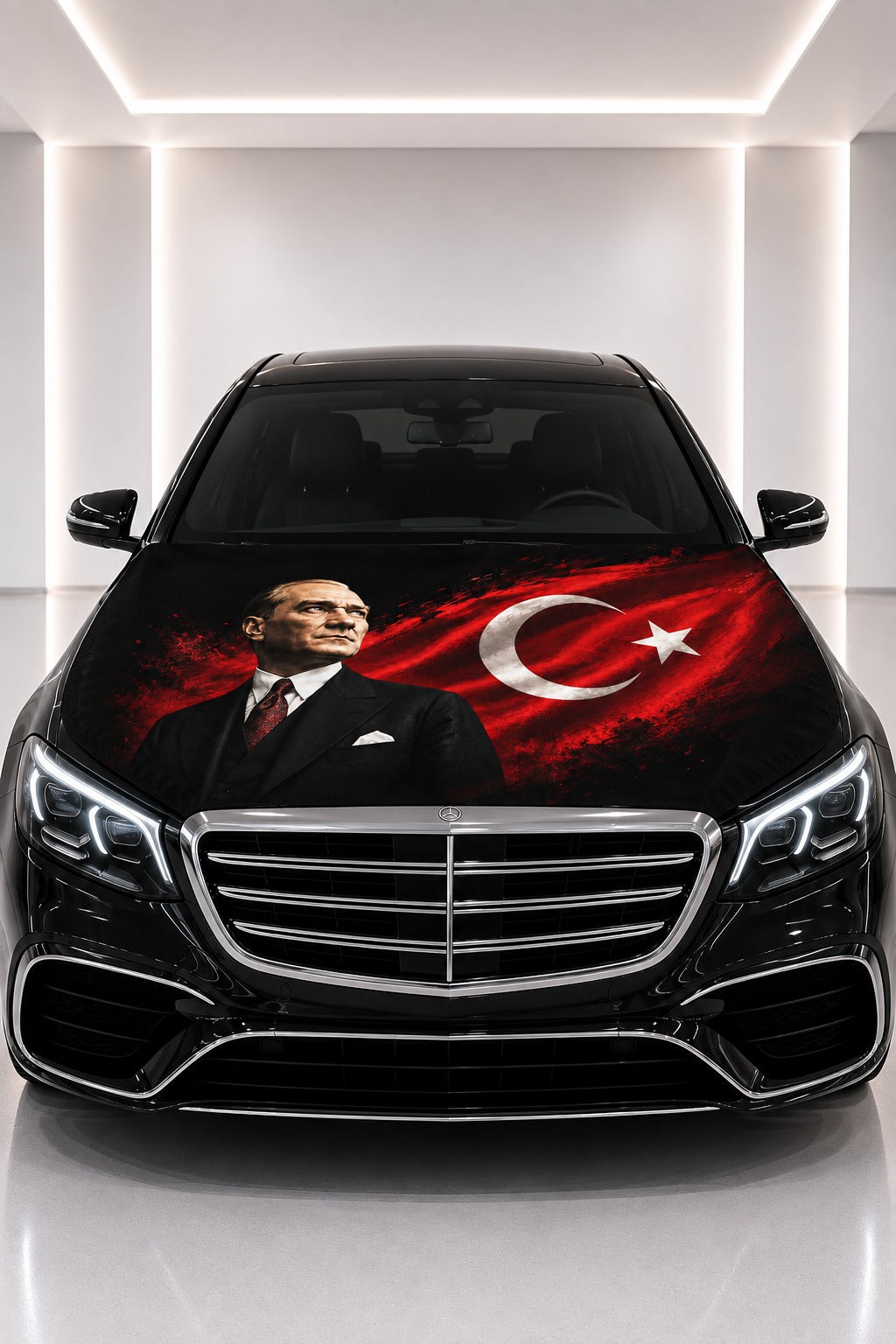 Atatürk & Turkish Flag Car Hood Cover — printed hood cover fitted on a black car