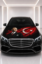 Atatürk & Turkish Flag Car Hood Cover — printed hood cover fitted on a black car