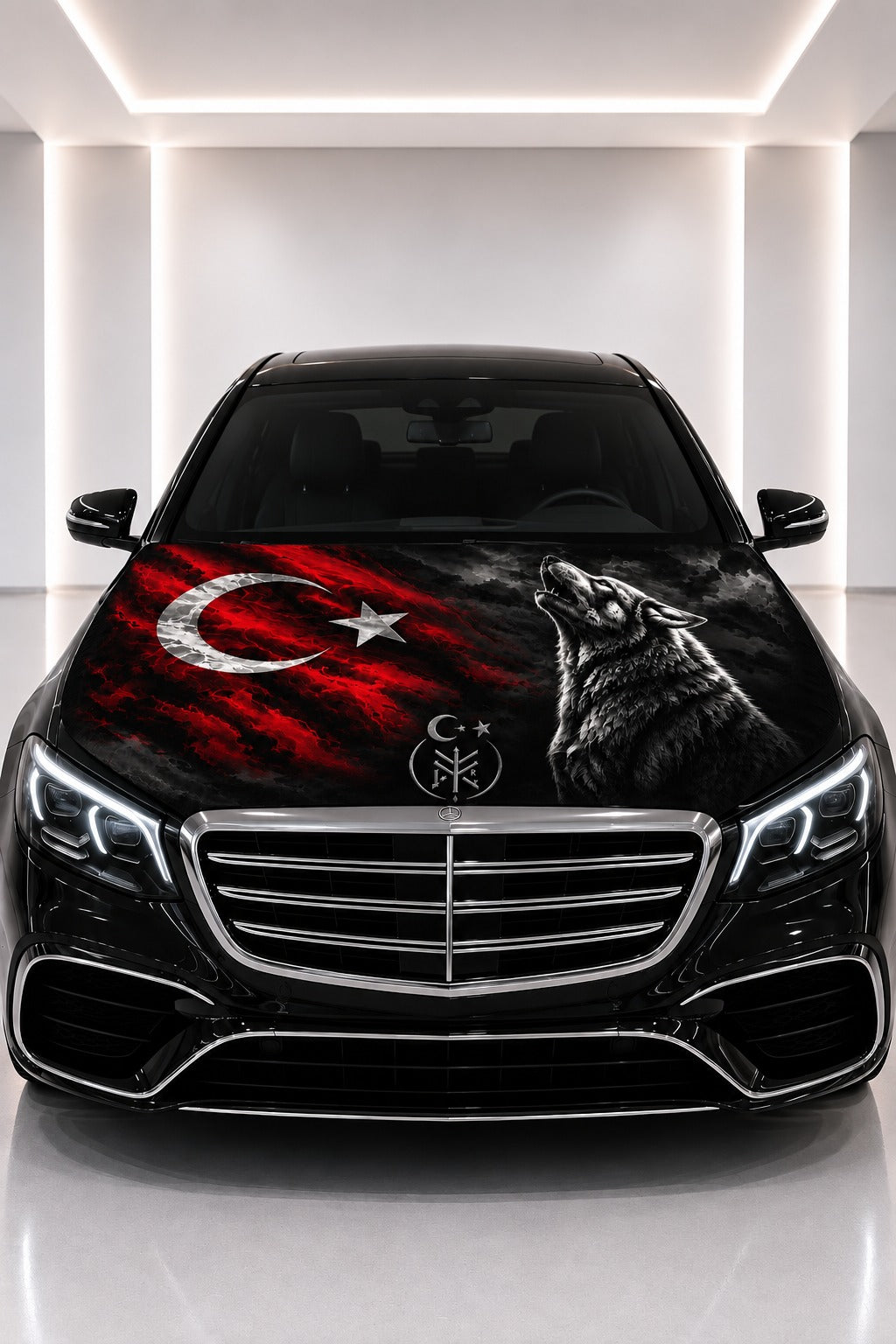 Grey Wolf & Turkish Flag Car Hood Cover — printed hood cover fitted on a black car